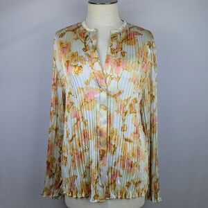 Vince Floral Crushed Pleated Satin Blouse Long Sleeve Split Collar Soleil L NWT